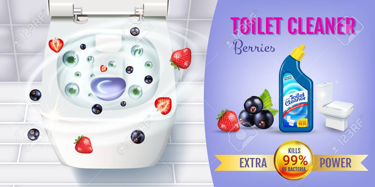 ベリーの香りトイレット クリーナー ゲル広告 ベクトル トイレット ボウルと消毒容器の上面とリアルなイラスト のイラスト素材 ベクタ Image