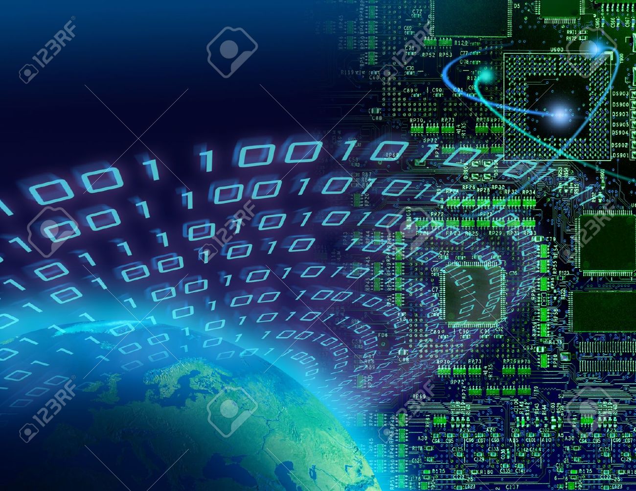 Binary data around globe, circuit board background, global digital technology concept - 8506133 Binary data around globe, circuit board background, global digital technology concept - 8506133