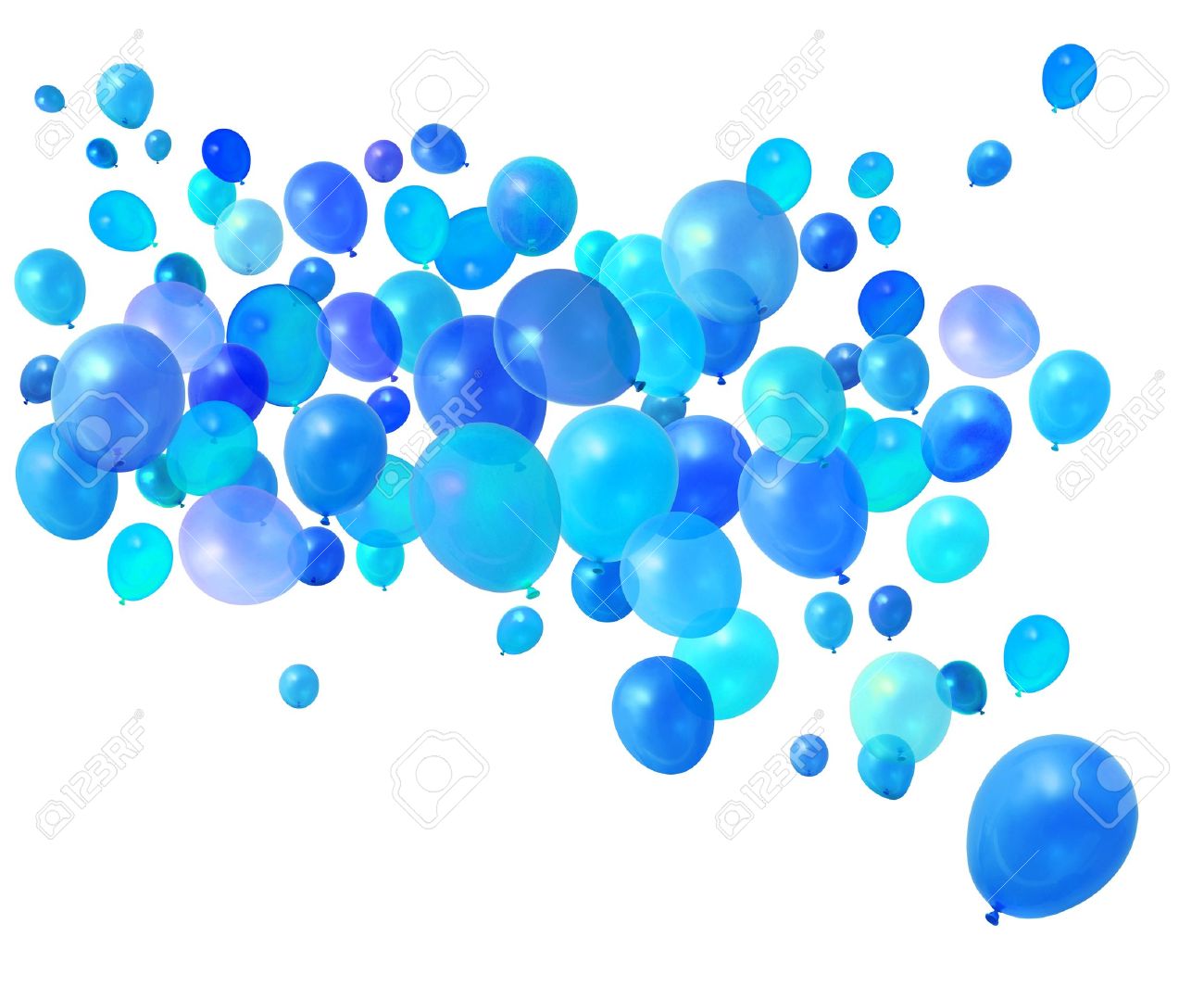 blue birthday party balloons flying on white background stock photo