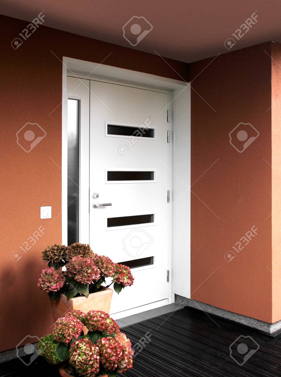 Modern House Entrance White Front Door With Windows Stock Photo, Picture  And Royalty Free Image. Image 88394277.