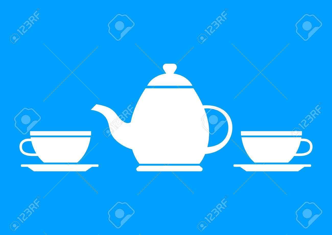 Tetera Blanca Y Taza De Té Sobre Fondo Azul Ilustraciones Ilustración de Tetera Azul Y Taza Con Té De Hierbas En