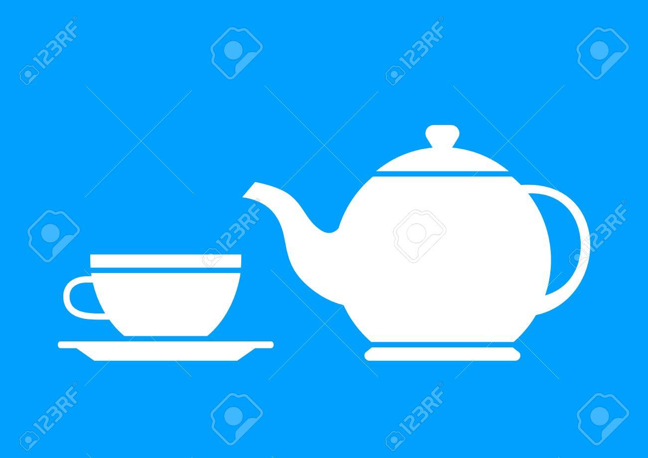 Tetera Blanca Y Taza De Té Sobre Fondo Azul Ilustraciones Ilustración de Tetera Azul Y Taza Con Té De Hierbas En
