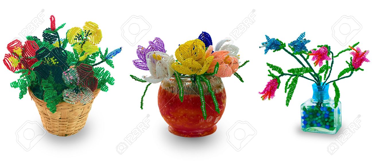 Handmade Articles Vases With Flowers From Glass Beads And Wire