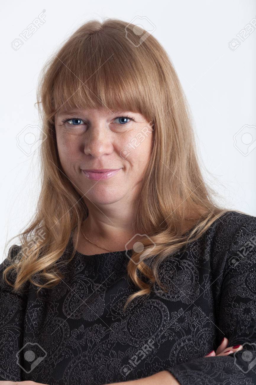 Smiling Woman With Light Brown Hair And Blue Eyes Portrait Stock