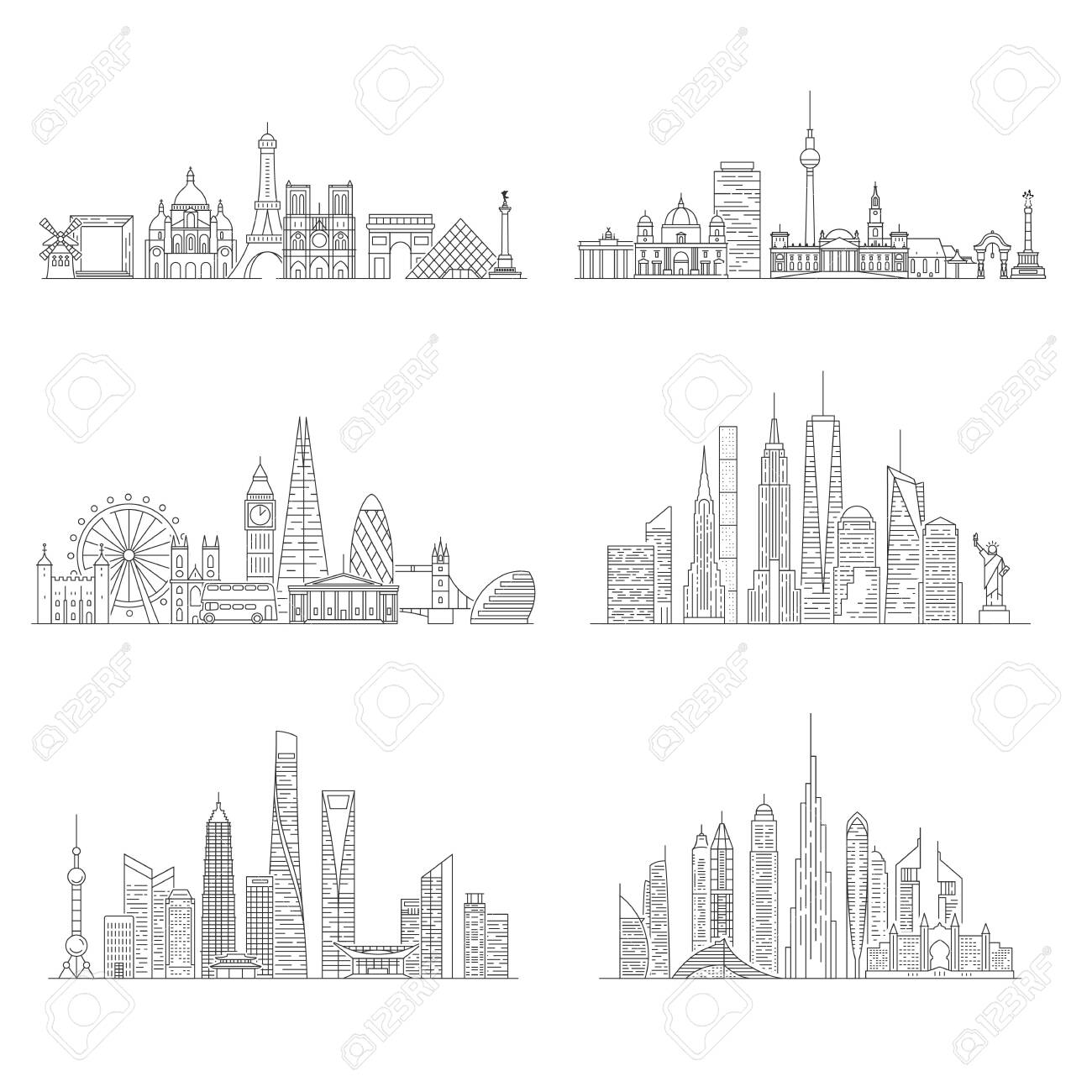 Cities skylines set. New York, London, Paris, Berlin, Dubai, Shanghai Vector illustration line art style - 124106855 Cities skylines set. New York, London, Paris, Berlin, Dubai, Shanghai Vector illustration line art style - 124106855