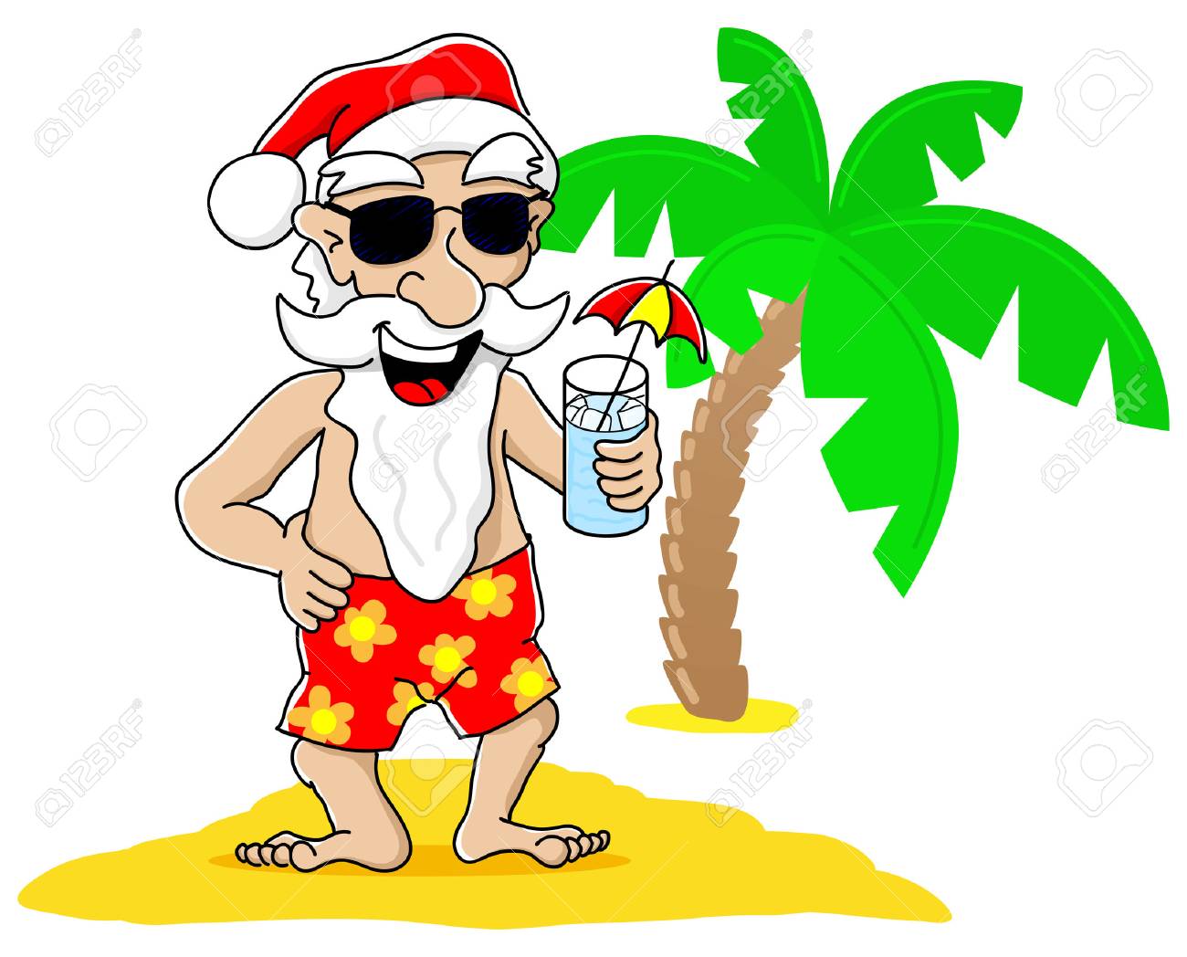 Illustration Vectorielle Du Père Noël à Noël En Vacances à La Plage