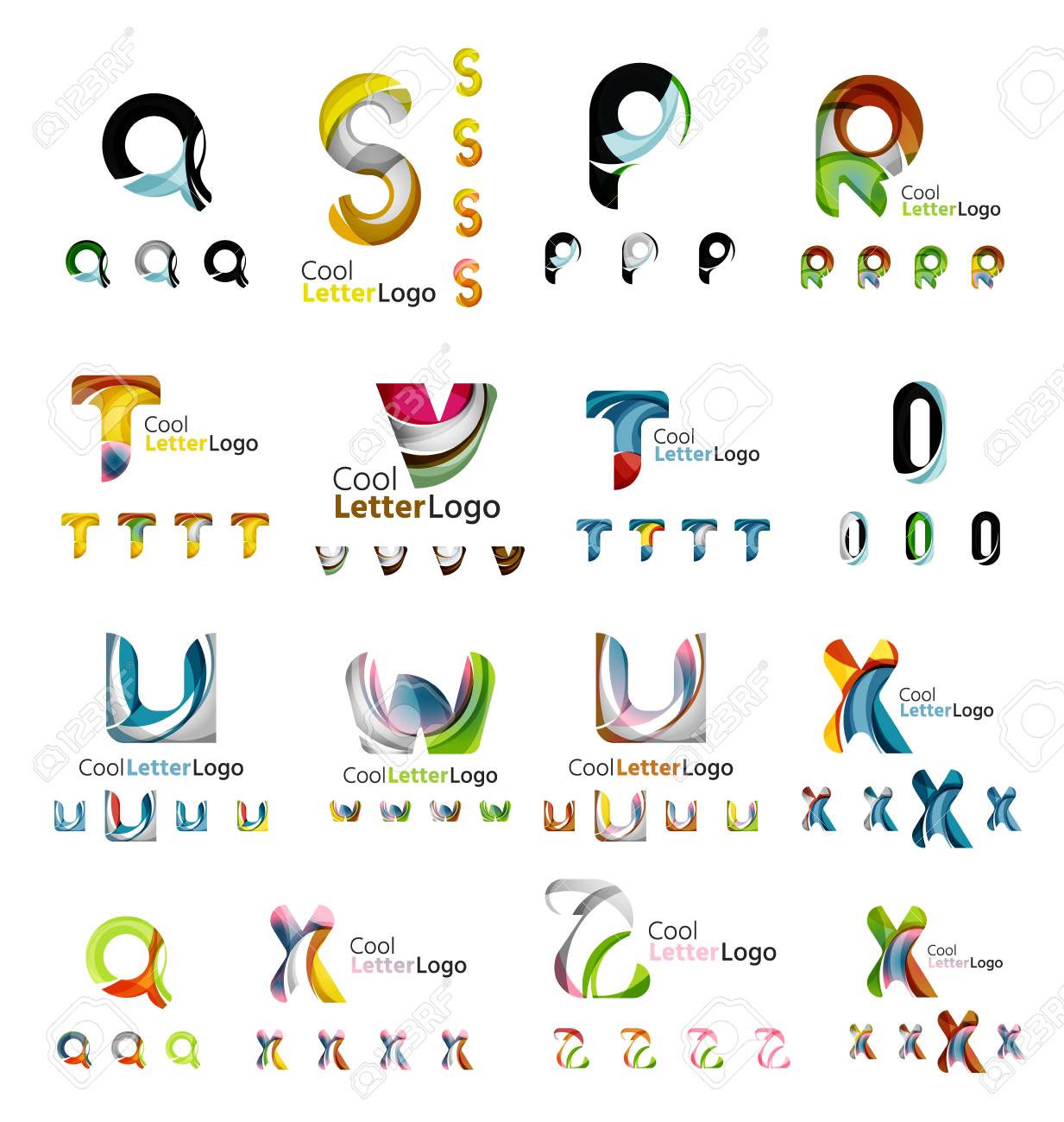 重なり合う図形を流れるにカラフルな抽象的な文字ロゴマーク セットします 任意のアイデアや概念の普遍的なビジネス アイコン ビジネス アプリケーション Web デザイン シンボル テンプレート のイラスト素材 ベクタ Image