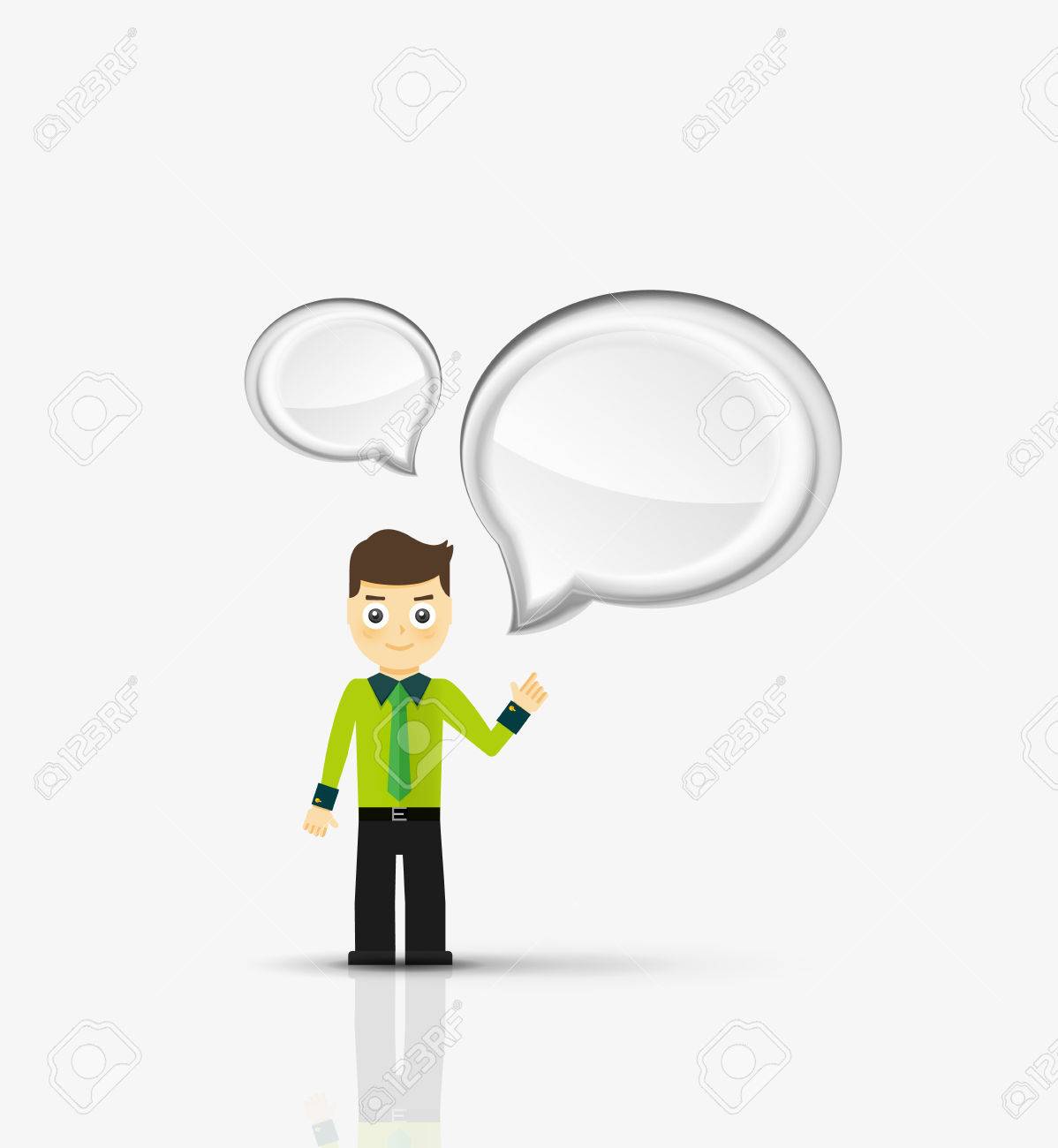 cartoon businessman with message cloud thinking or talking