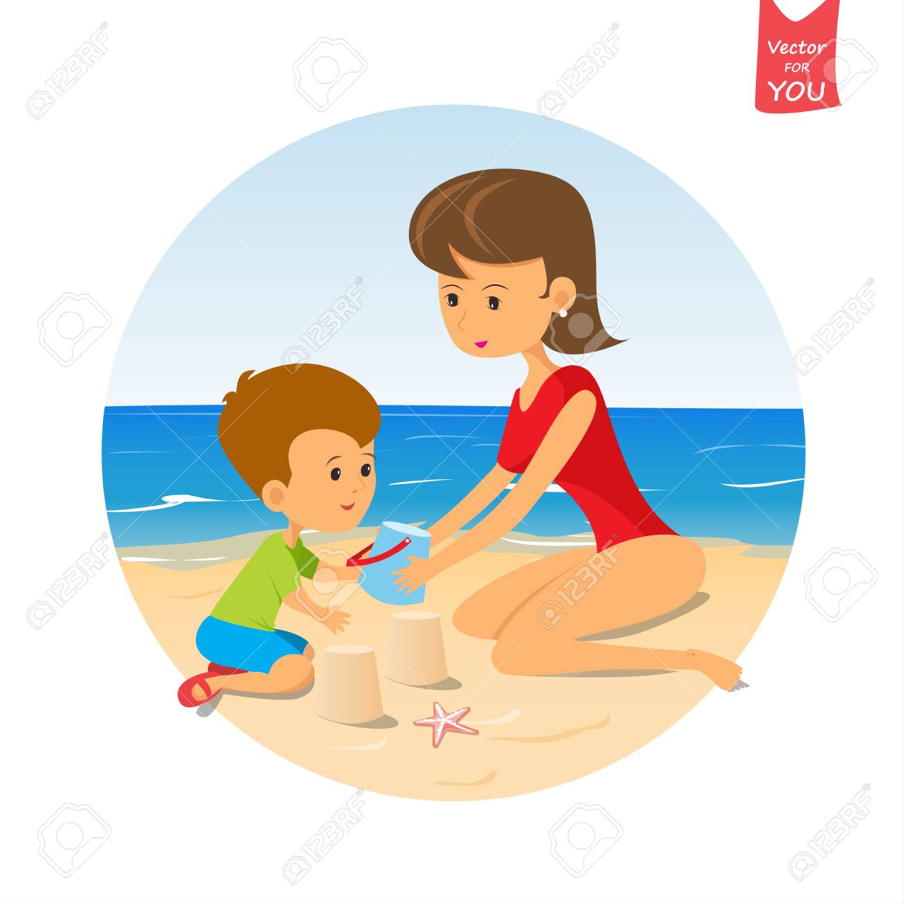 Dessin Animé Bébé Et Maman Jouant Sur La Plage