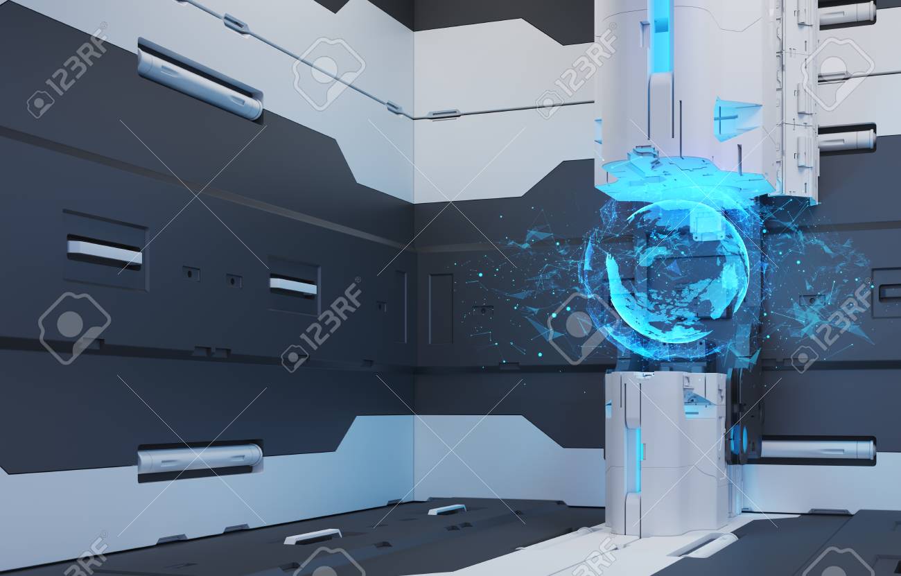 将来のインテリア 地球の投影 体積型ホログラム 未来的なインターフェース 3 D レンダリング 3 D イラストレーション の写真素材 画像素材 Image