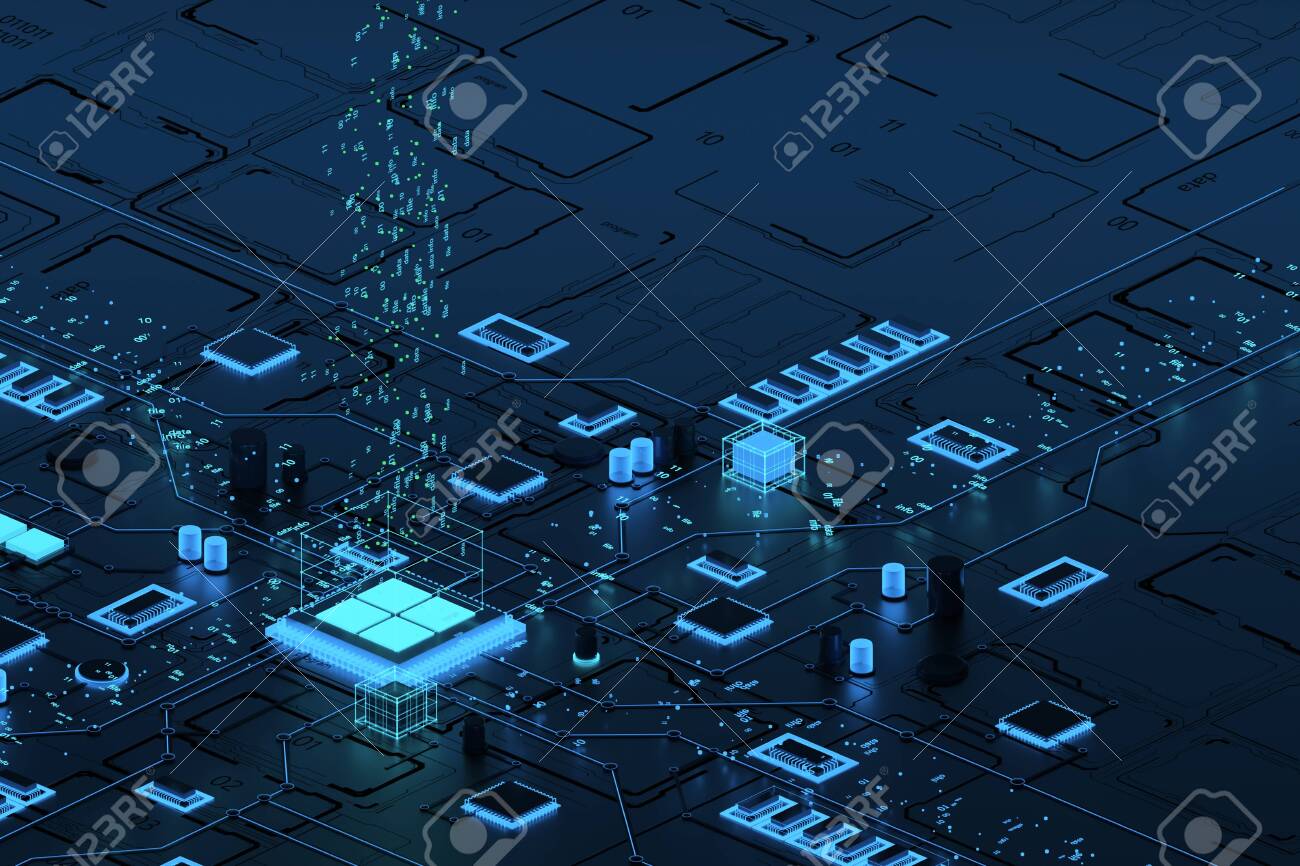 첨단 전자 PCB 프로세서, 마이크로칩 및 빛나는 디지털 전자 신호가 있는 인쇄 회로 기판. 집적 회로의 프로세서. 에너지 라인 네온.  3d 그림 3d 렌더링 로열티 무료 사진, 그림, 이미지 그리고 스톡포토그래피. Image