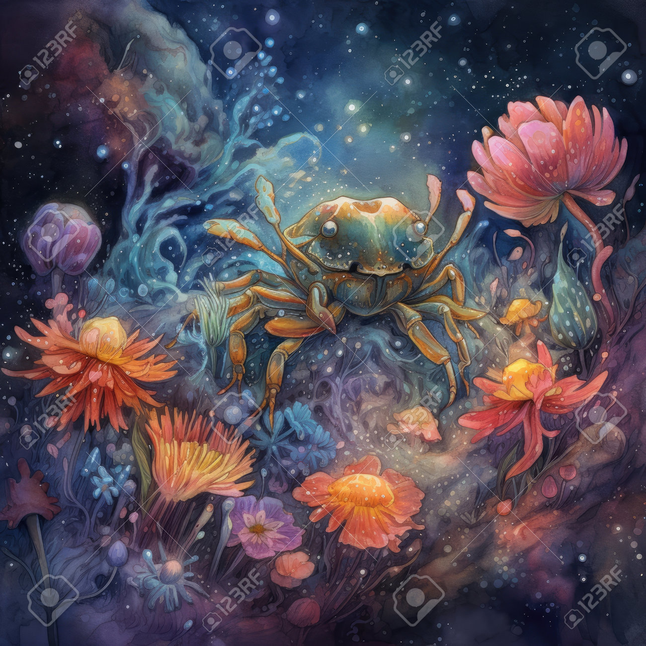 水彩画 巨大カニと都市景観 水彩画 巨大カニと都市景観