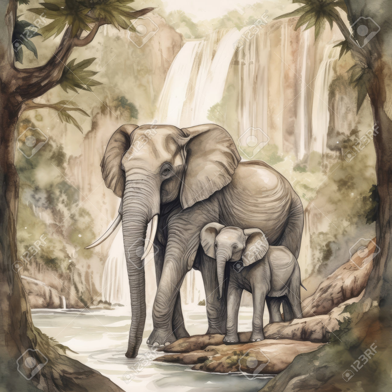 Elephants Family On The Background Of A Waterfall. Watercolor Painting  Stock Photo, Picture and Royalty Free Image. Image 202164404., image size:1300x1300