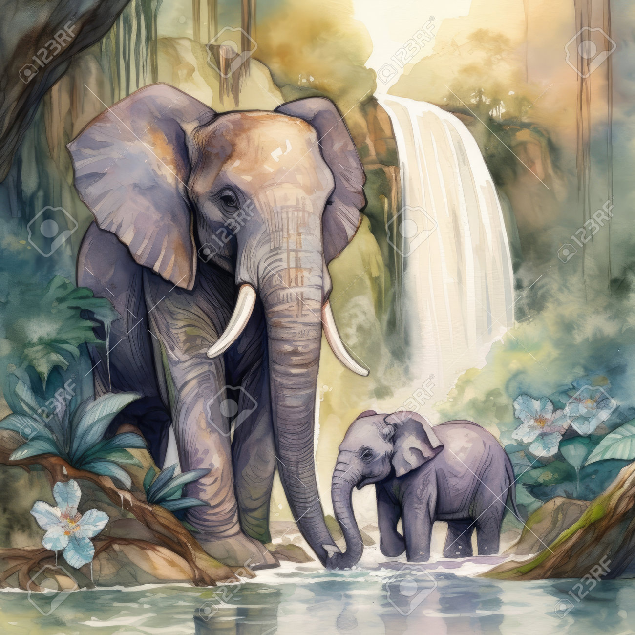 森の中の象と象の赤ちゃん。水彩画。の写真素材・画像素材 Image