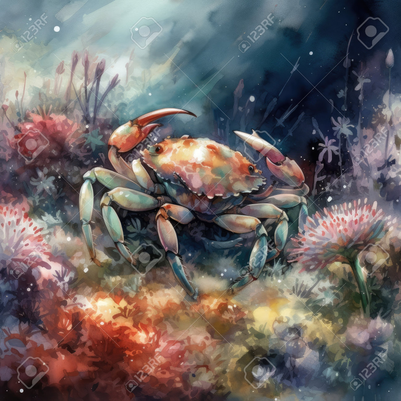海の風景の背景にカニの水彩イラストの写真素材・画像素材 Image 202469863