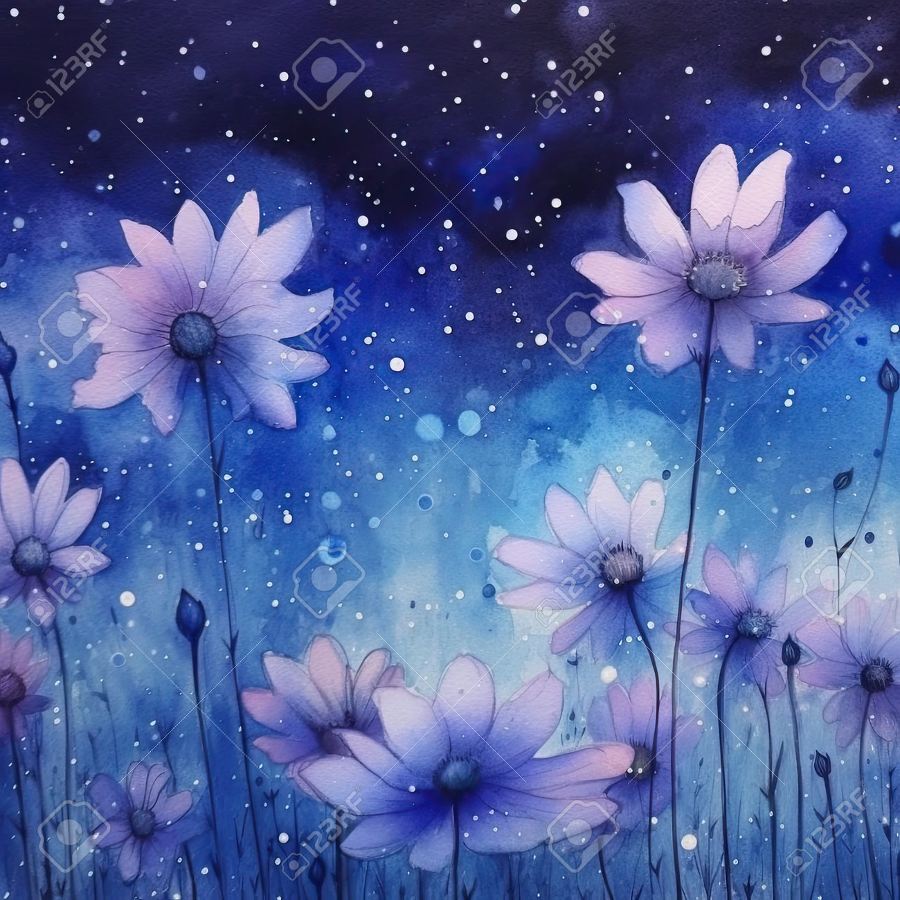 夜空の背景にコスモスの花の水彩画。手描きのイラスト。の写真素材