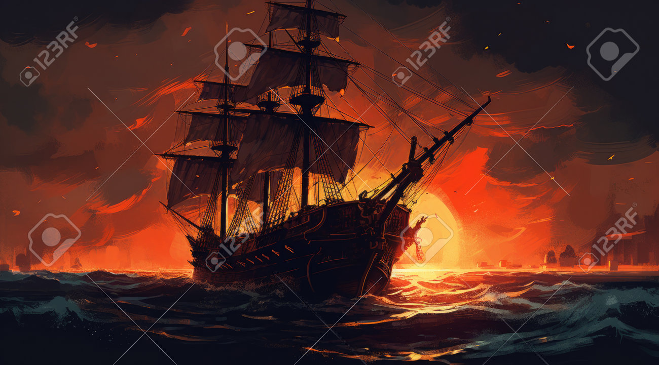 嵐の海の帆船。嵐の中の古い船のイラスト。の写真素材・画像素材