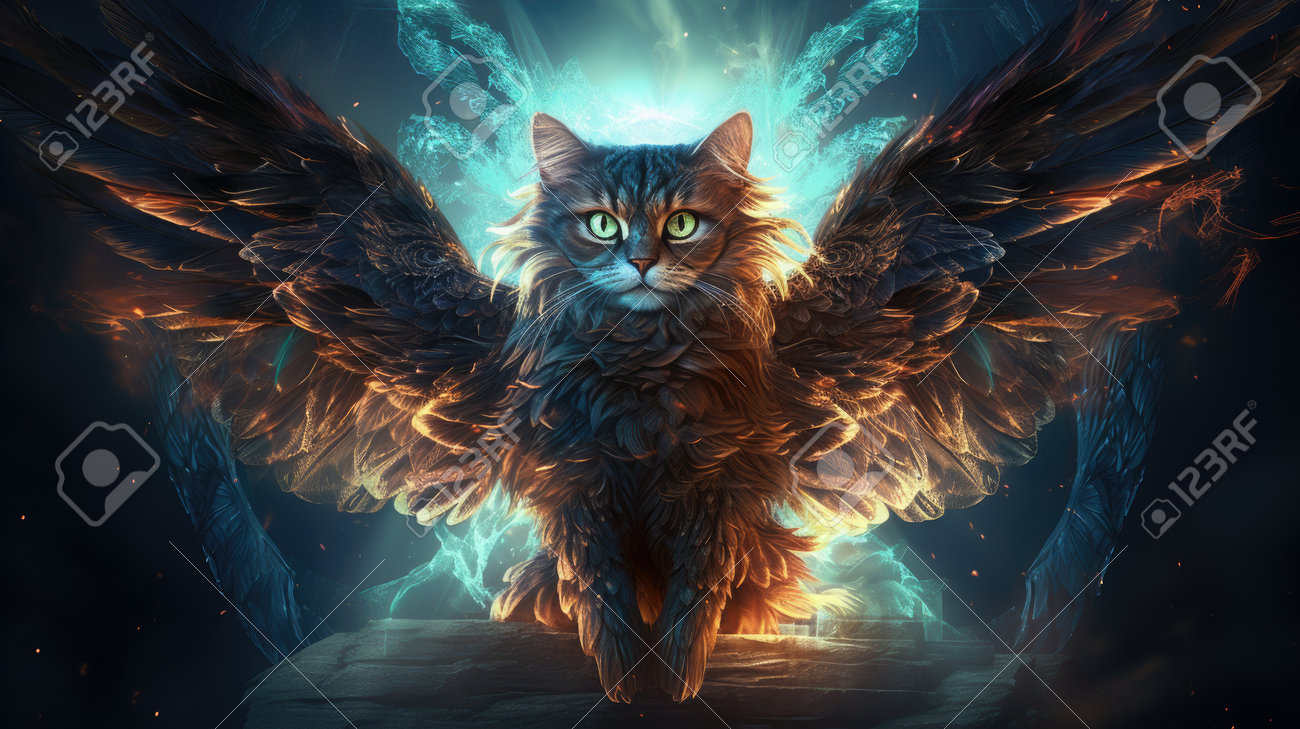 Fantasy Illustration Of A Cat With Wings Flying In The Space. Stock Photo,  Picture and Royalty Free Image. Image 211333197., image size:1300x729