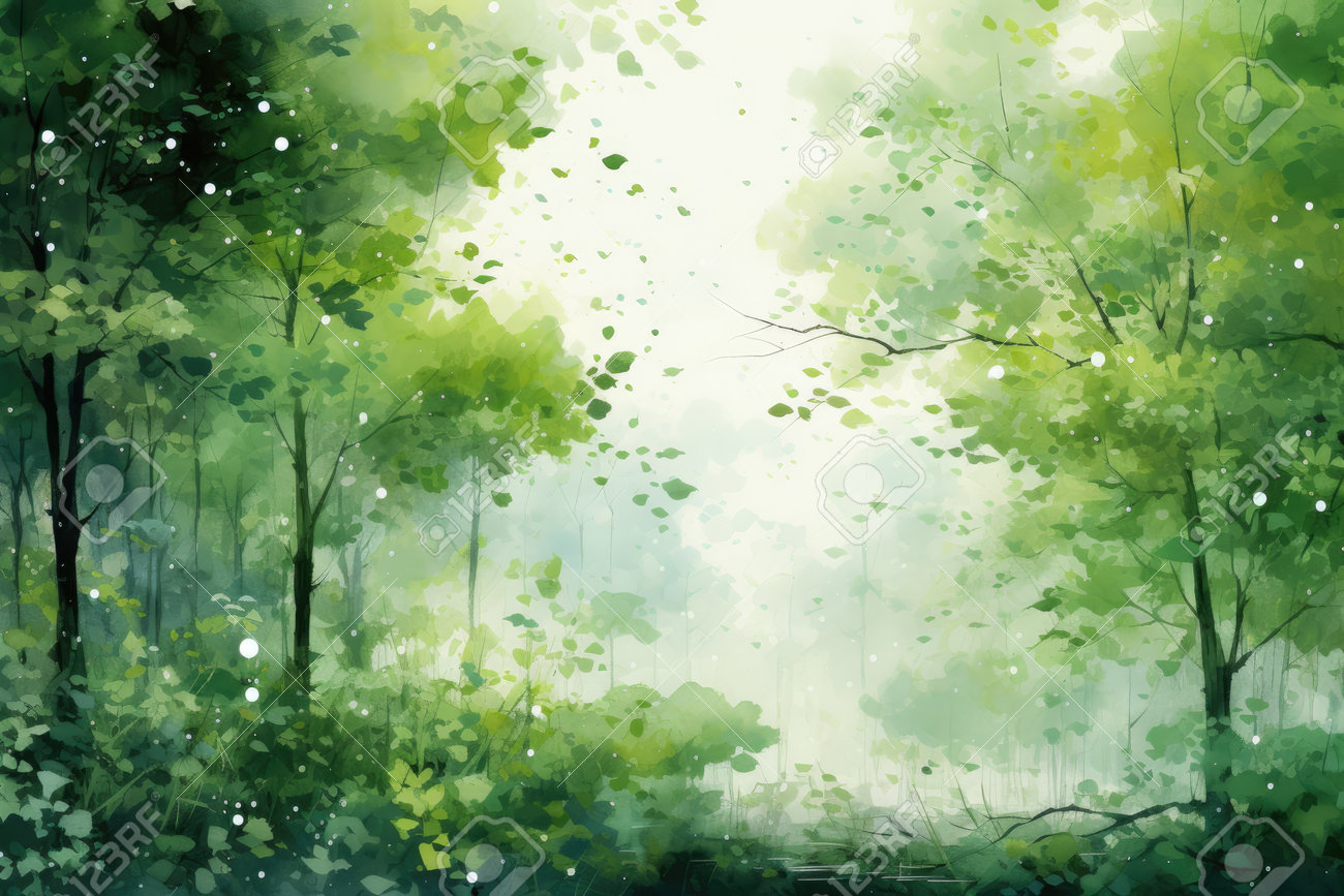 水彩画、森、風景、霧の森の緑の木々の写真素材・画像素材 Image 226426436