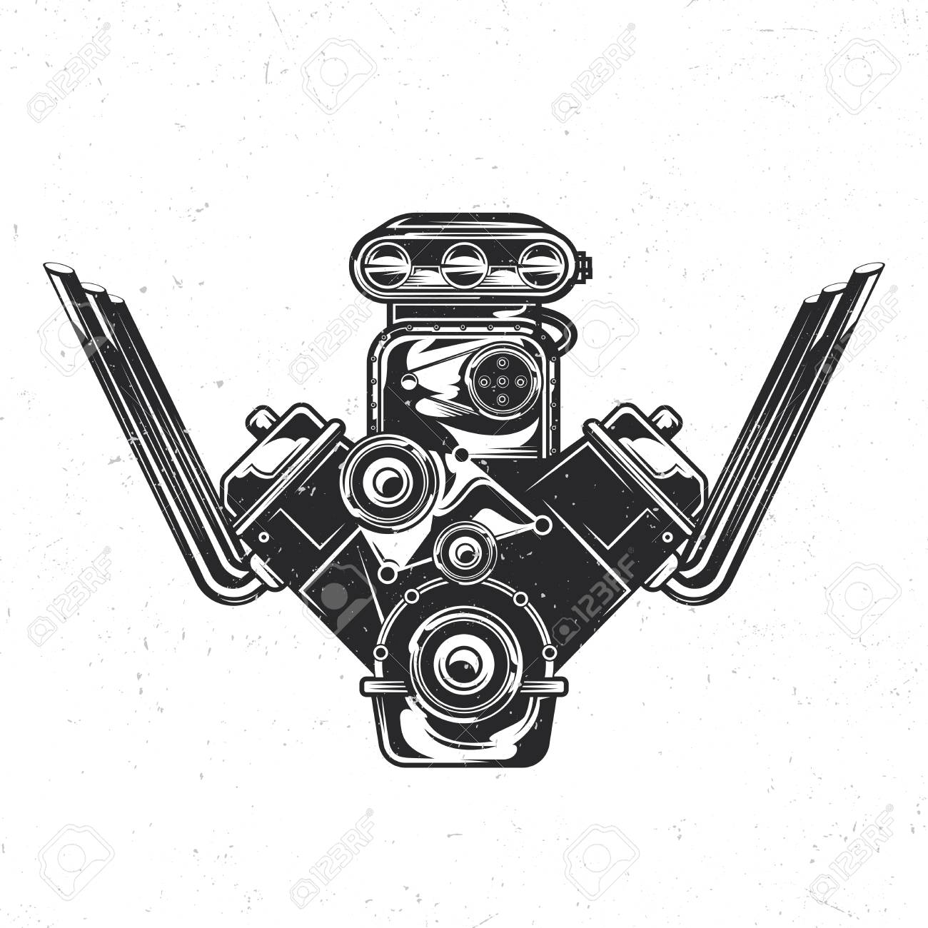 強力なエンジンのイラストが入ったホットロッドテーマ孤立エンブレムのイラスト素材 ベクタ Image 強力なエンジンのイラストが入ったホットロッドテーマ孤立エンブレムのイラスト素材 ベクタ Image