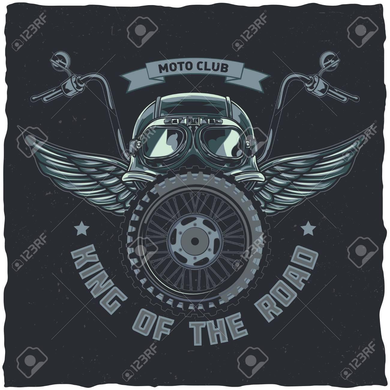 Motorcycle theme t-shirt label design with illustration of helmet, glasses, wheel and wings - 99871238 Motorcycle theme t-shirt label design with illustration of helmet, glasses, wheel and wings - 99871238