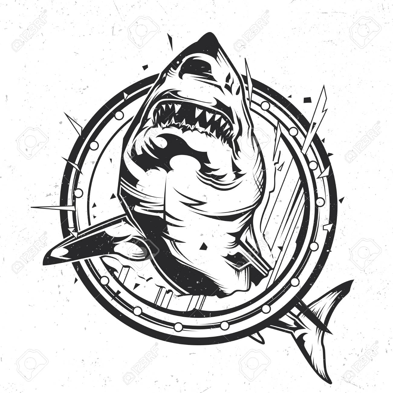 怒っているサメのイラストと航海テーマ孤立エンブレムのイラスト素材 ベクタ Image