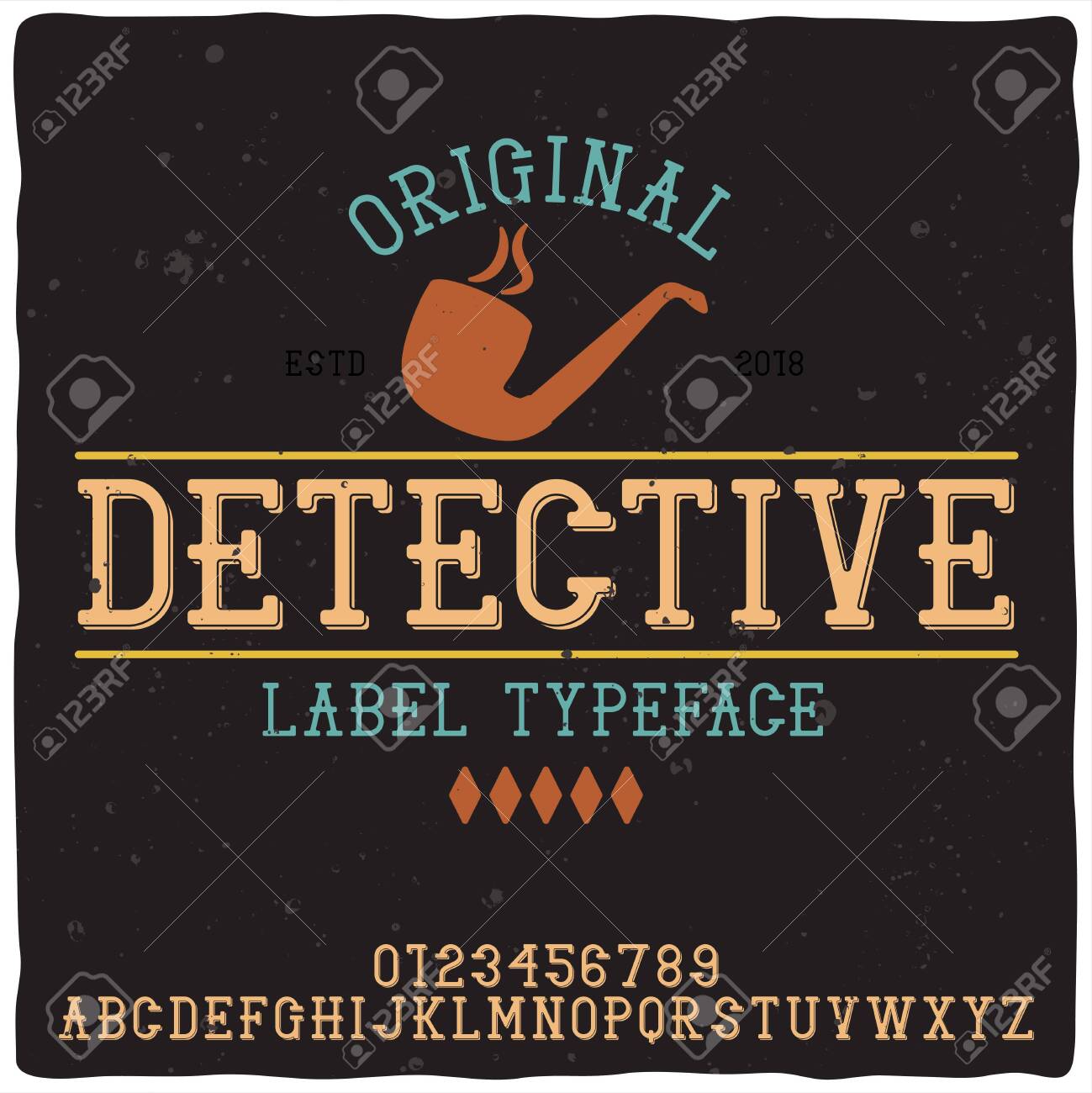 Vintage label typeface named "Detective". Good handcrafted font for any label design. - 125982215 Vintage label typeface named "Detective". Good handcrafted font for any label design. - 125982215