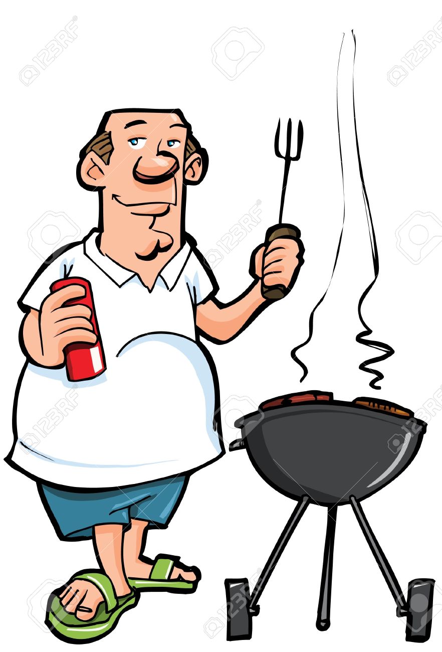 cartoon of overweight man having a bbq isolated on white royalty