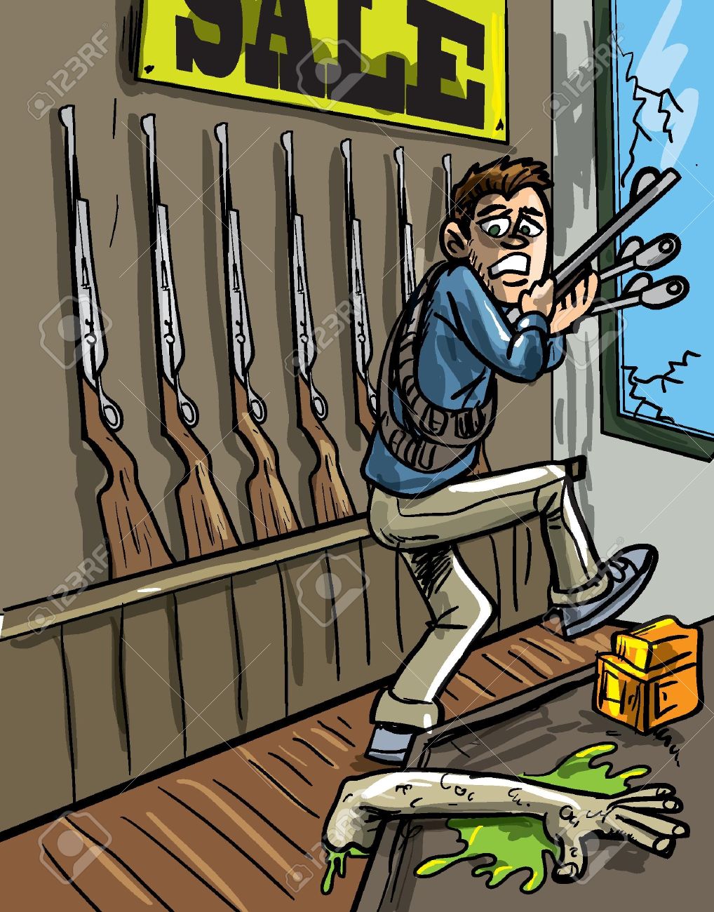 ゾンビの黙示録の後 銃のお店から銃を盗むのイラスト素材 ベクタ Image