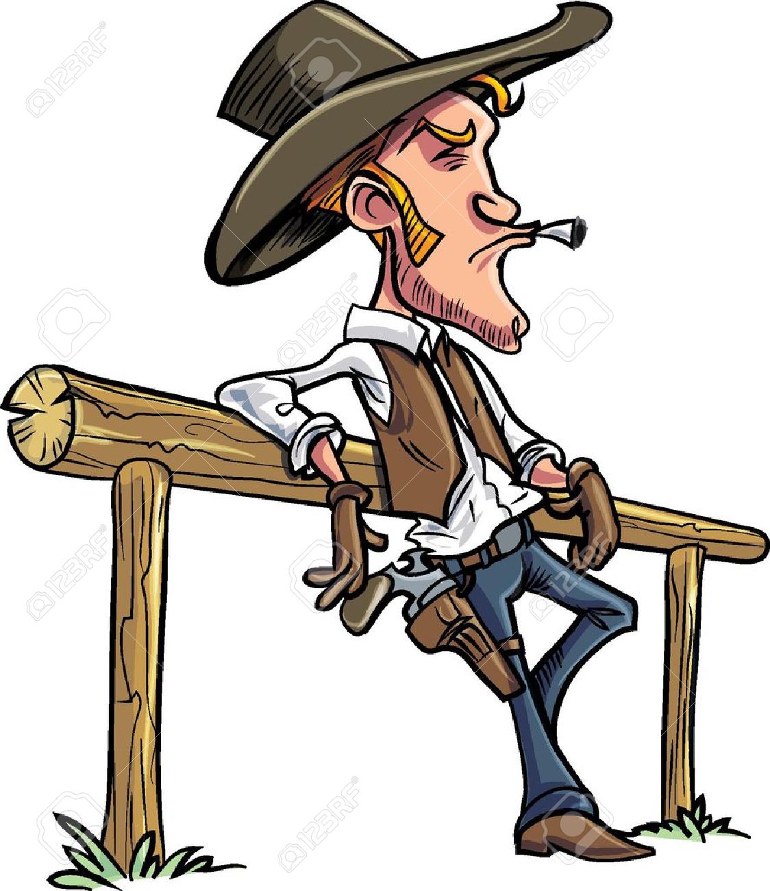 cartoon cowboy leaning on a fence smoking a cigarette royalty free