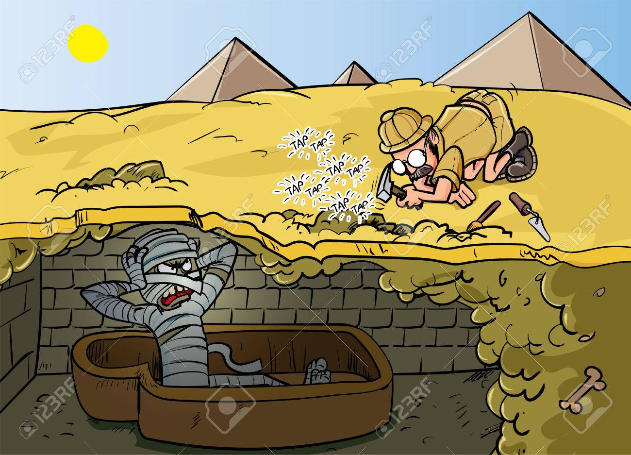 漫画の考古学者は古代のミイラを悩ます のイラスト素材 ベクタ Image