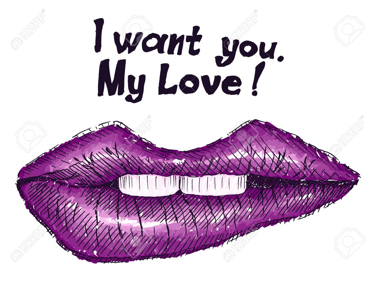 Purple Lips Sketch Drawing Painted In Bright Colors