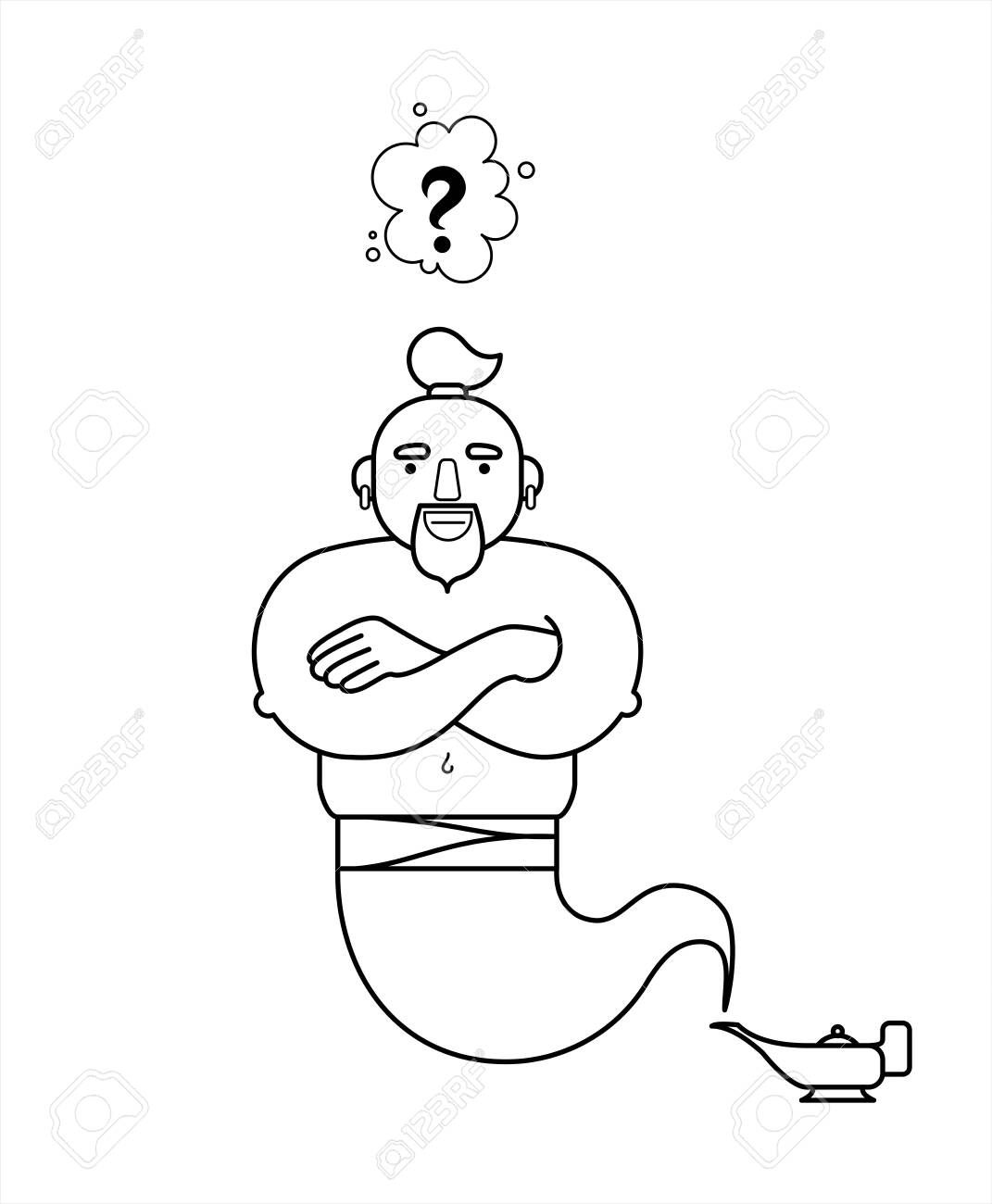 Download Outline Contour Genie From A Lamp Cartoon Character For Coloring Book Page The Genie Will Fulfill Any Three Wishes What Desire Do You Make Question Mark Isolated On A White Background Royalty