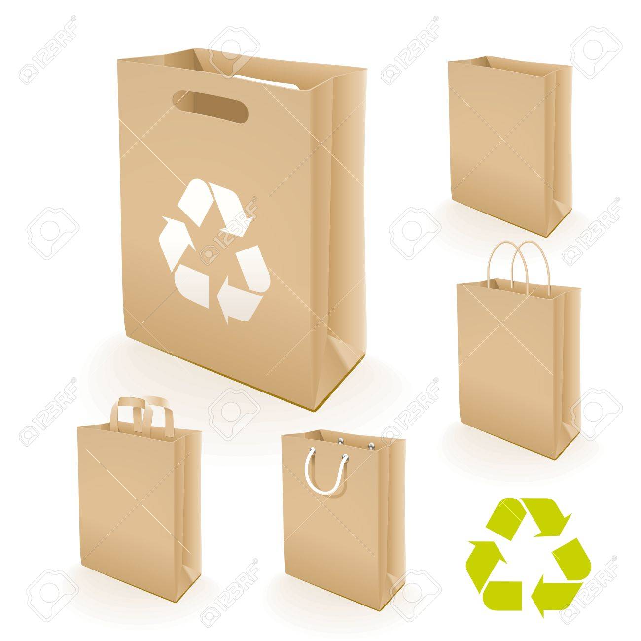 Reciclaje Bolsa De Papel. Ilustración De Un Conjunto De Bolsas De Papel Reciclado Que No Causen Al Medio Ambiente Con El Reciclaje De Signos. Ilustraciones Svg, Vectoriales, Clip Vectorizado