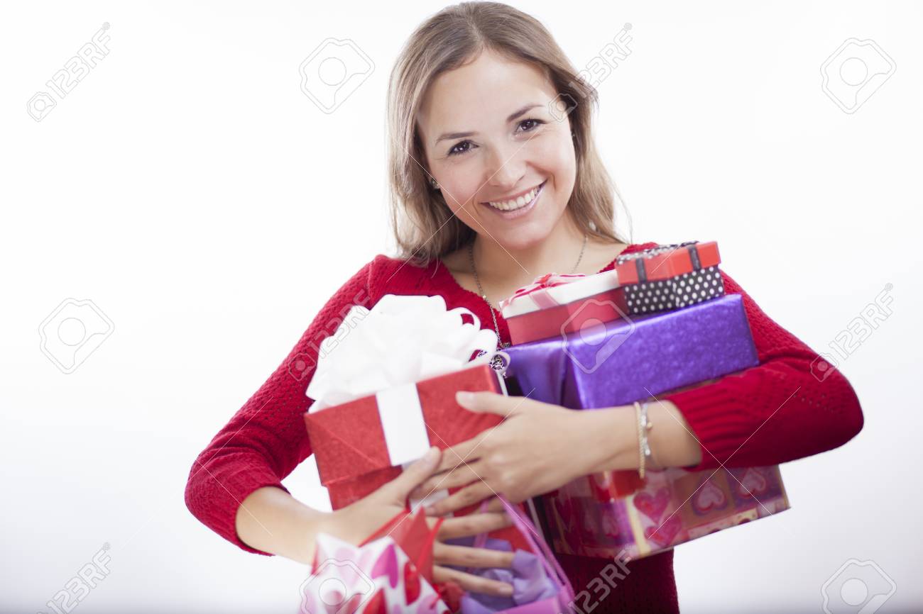 Gluckliche Junge Frau Die Eine Tonne Geschenke Bekam Sie Fur Valentine S Day Lizenzfreie Fotos Bilder Und Stock Fotografie Image 19269651