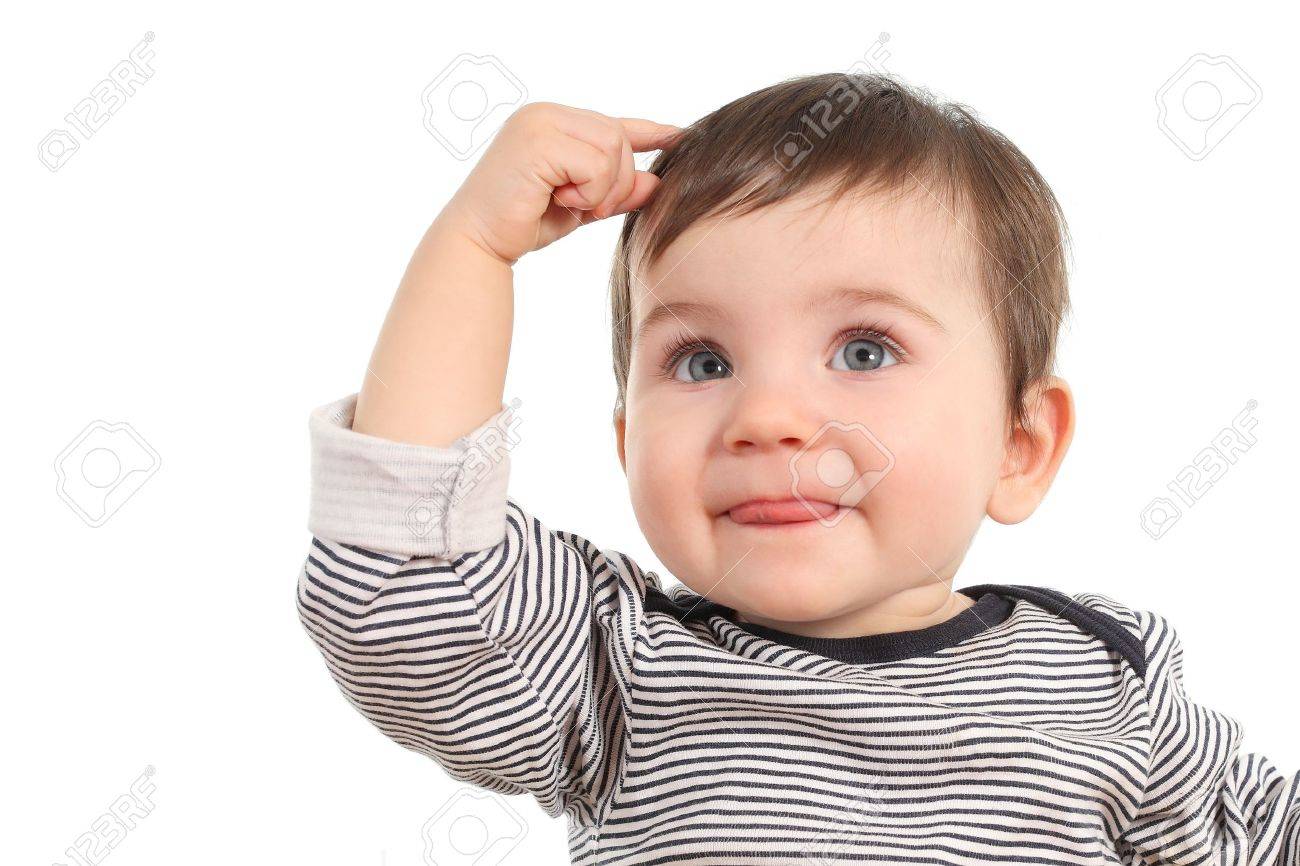 Bebe Dans Une Pensee Pose D Avoir Une Idee Sur Un Fond Blanc Banque D Images Et Photos Libres De Droits Image