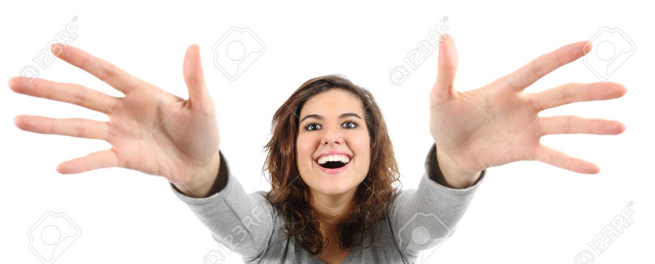 Wide angle view of a woman trying to reach something isolated on a white background - 25190302 Wide angle view of a woman trying to reach something isolated on a white background - 25190302