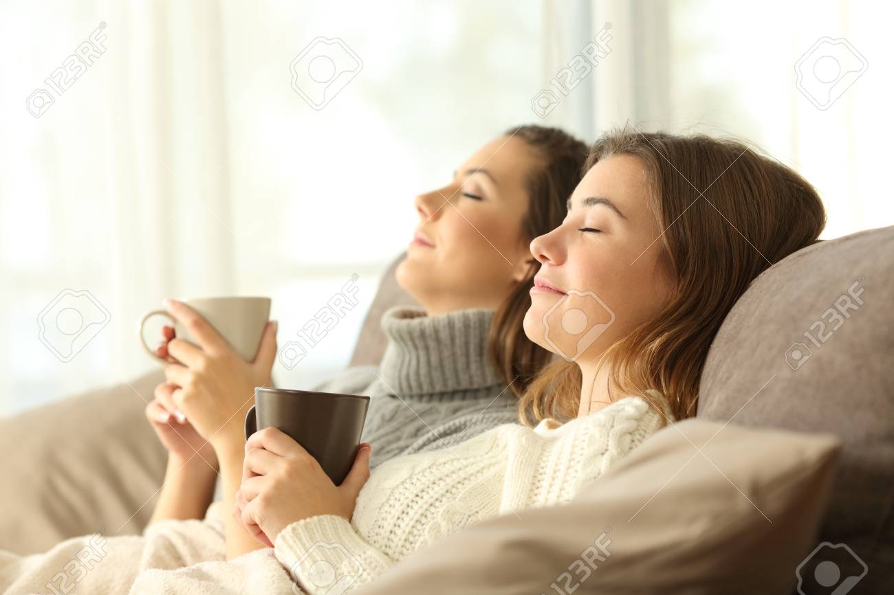 Side view portrait of two roommates relaxing in winter sitting on a sofa in the living room in a house interior - 91215609 Side view portrait of two roommates relaxing in winter sitting on a sofa in the living room in a house interior - 91215609