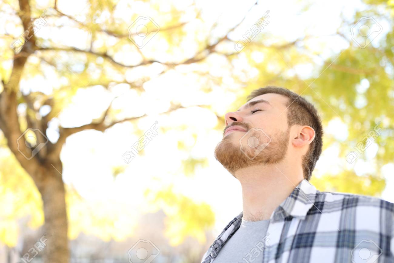 Relaxed man is breathing deep fresh air in a park with trees in the background - 117941951 Relaxed man is breathing deep fresh air in a park with trees in the background - 117941951