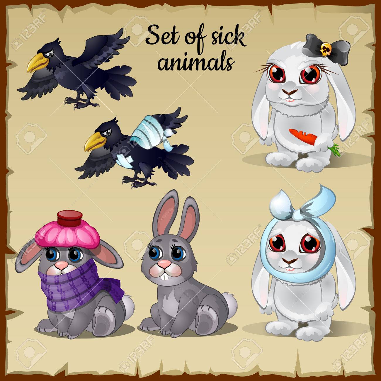 3 かわいい 面白い画像を病気と健康な動物を貧しいのイラスト素材 ベクタ Image