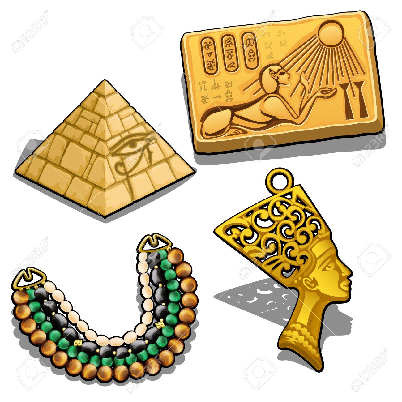 Set Of Attributes And Jewelry On The Theme Of Ancient Egypt Isolated On  White Background. Golden Pendant In The Shape Of The Head Of Cleopatra,  Miniature Pyramid, Necklace With Semiprecious Stones. Royalty