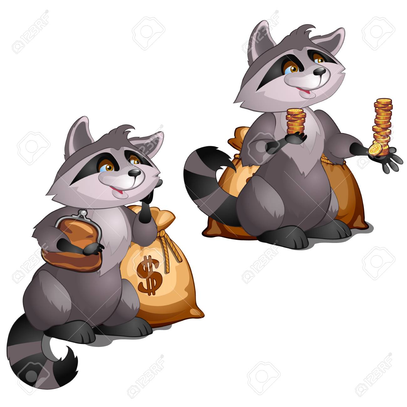 풍부한 너구리는 흰색 배경에 격리된 금화를 보유하고 있습니다. 벡터 만화 근접 그림 로열티 무료 사진, 그림, 이미지 그리고  스톡포토그래피. Image 114782316