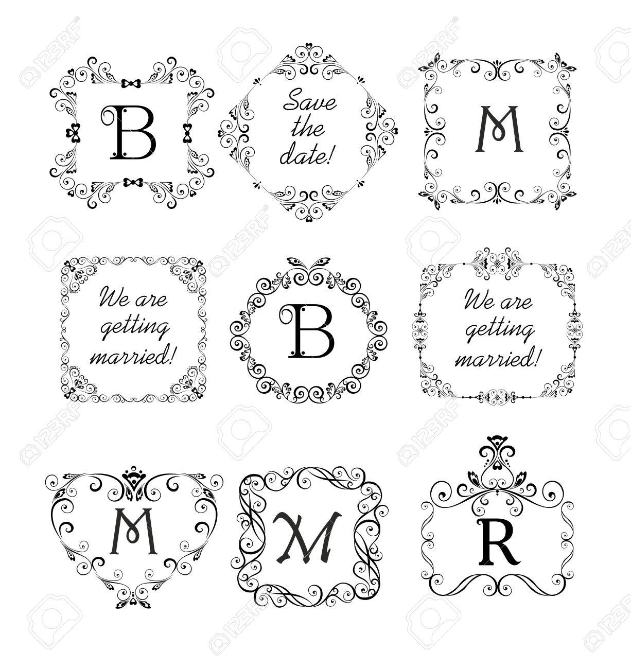 結婚式のデザイン メニュー カード レストラン カフェ ホテル 宝飾店 テンプレート モノグラムの美しいフレーム コレクションのイラスト素材 ベクタ Image