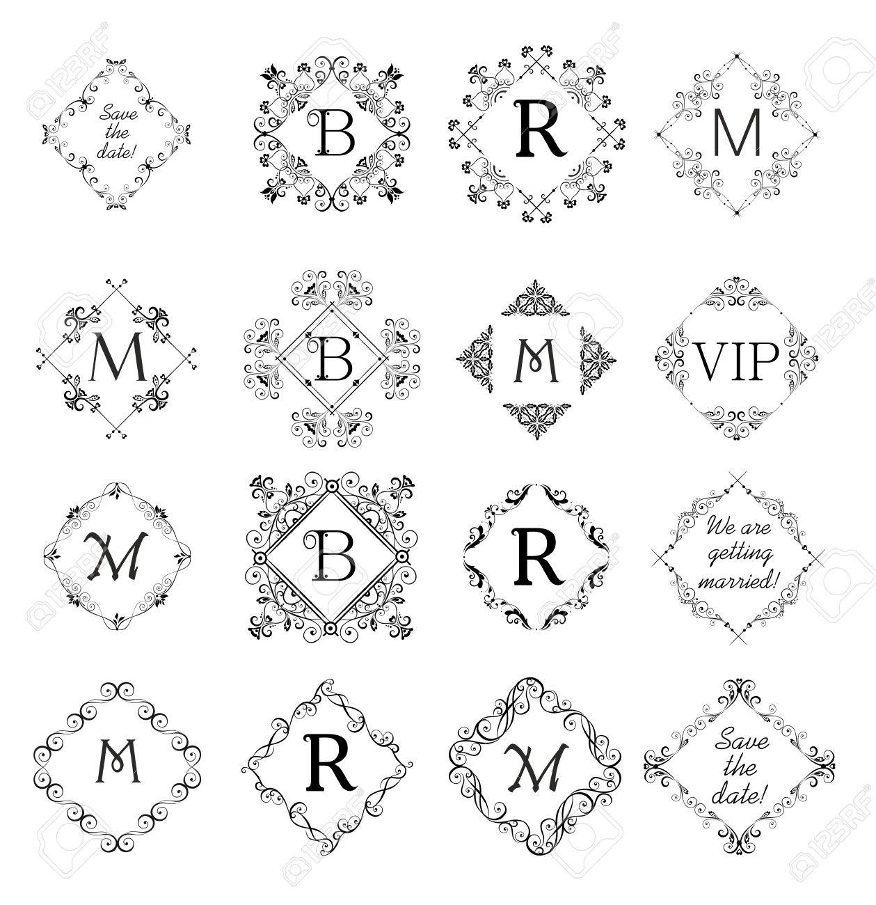 結婚式招待状 グリーティング カードの美しいヴィネットのコレクションです テンプレート ビンテージ ベクトル モノグラム メニュー カード レストラン カフェ ホテル 宝飾店のためのフレーム のイラスト素材 ベクタ Image