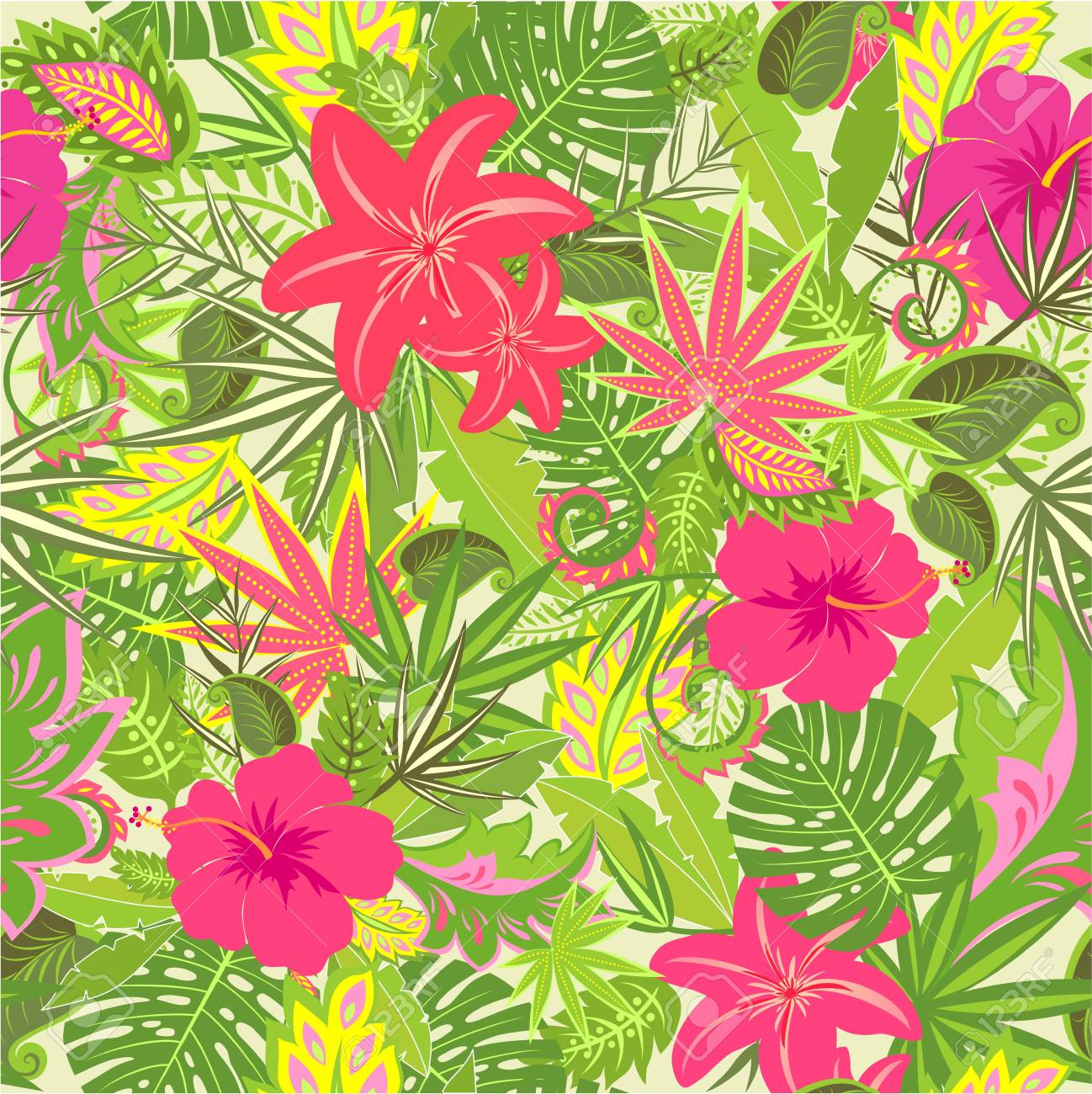 Summery Tropical Wallpaper With Colorful Leaves And Flowers Stock Vector Summery Tropical Wallpaper With Colorful Leaves And Flowers Stock Vector