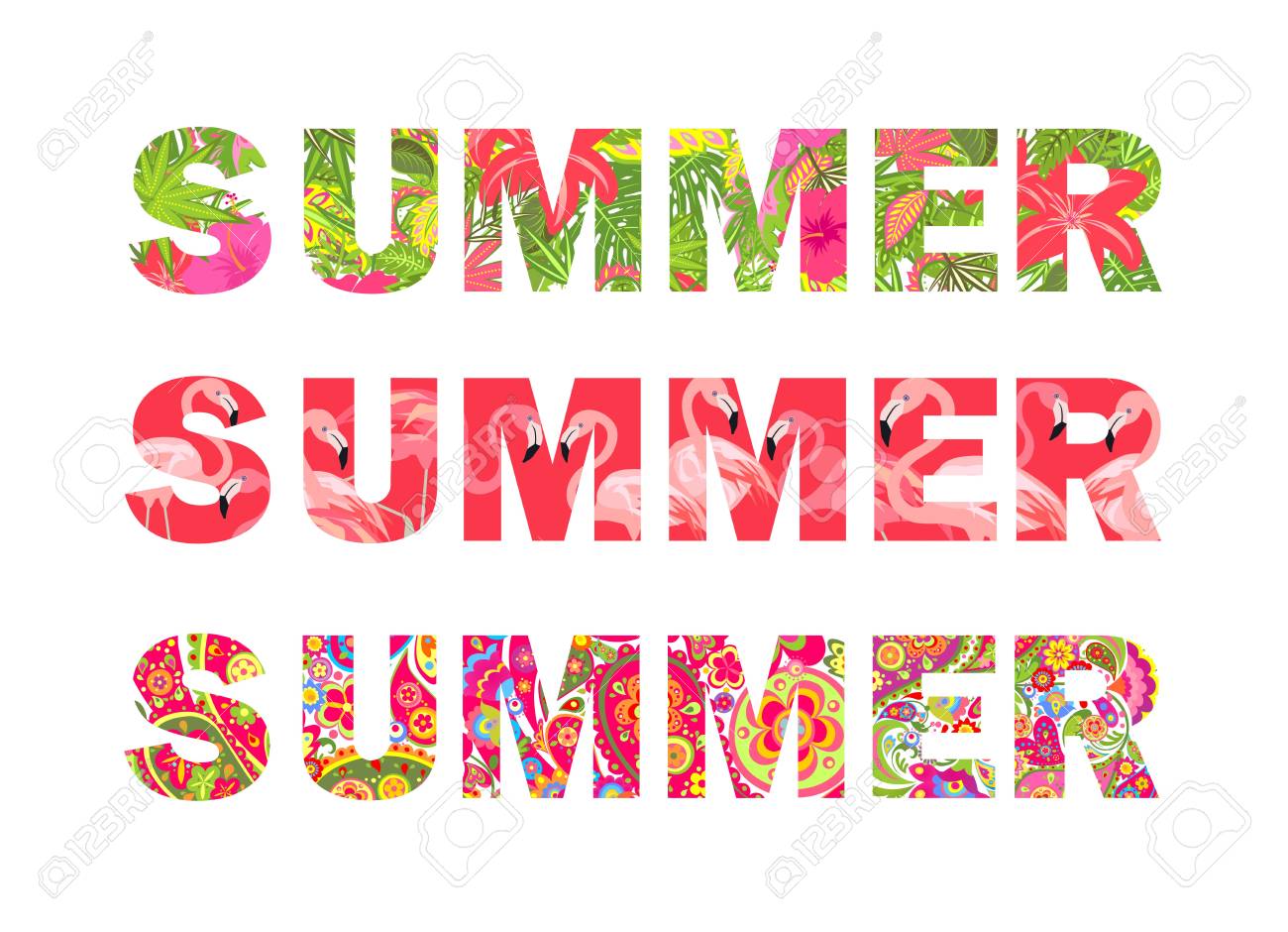 T シャツは 熱帯の花とフラミンゴのカラフルな花柄夏文字コレクションを表示します のイラスト素材 ベクタ Image