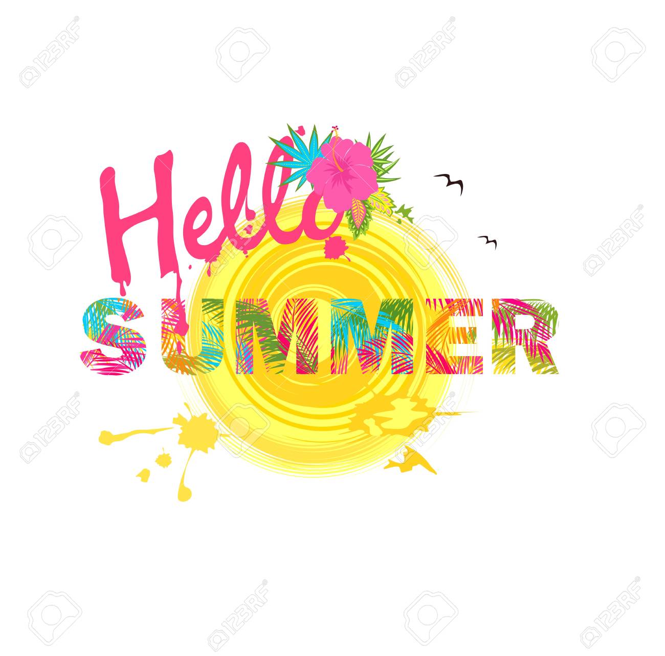 Hello Summer Lettering With Colorful Palm Leaves And Hibiscus On White Background T Shirt Fashionable Print Royalty Free Cliparts Vectors And Stock Illustration Image