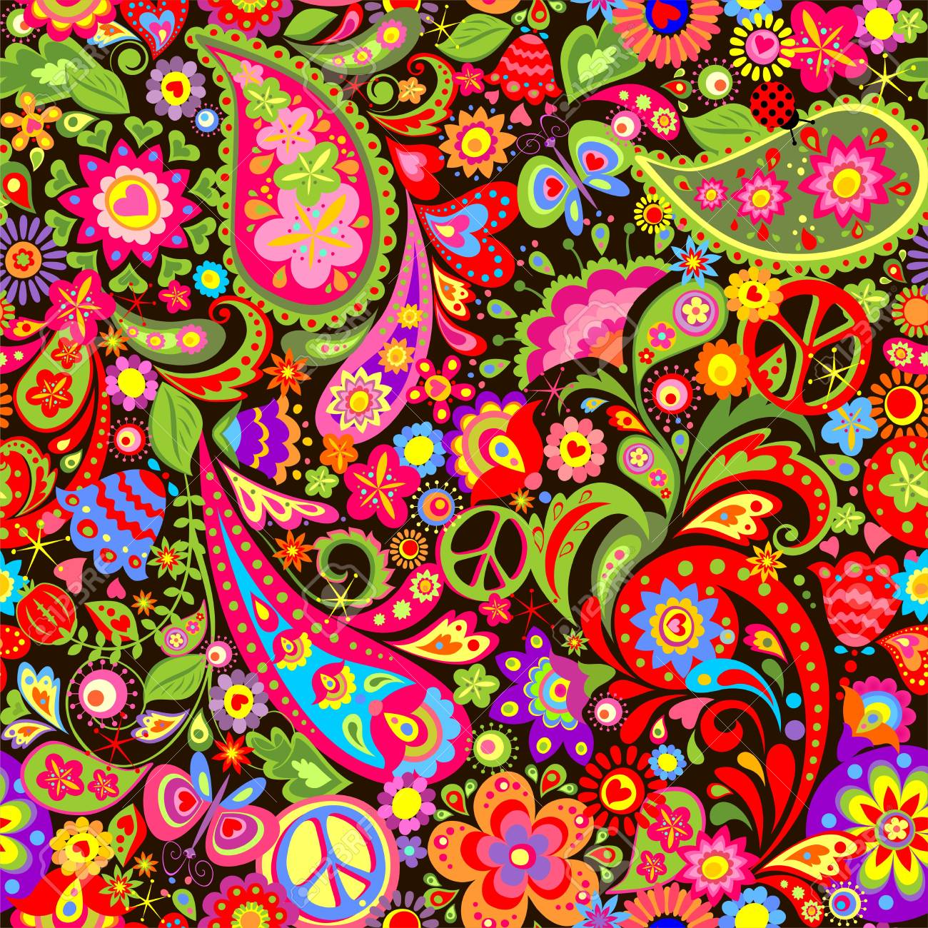 色とりどりの花 ヒッピーの平和のシンボルとペイズリーでヒッピー鮮やかな装飾的な壁紙 のイラスト素材 ベクタ Image