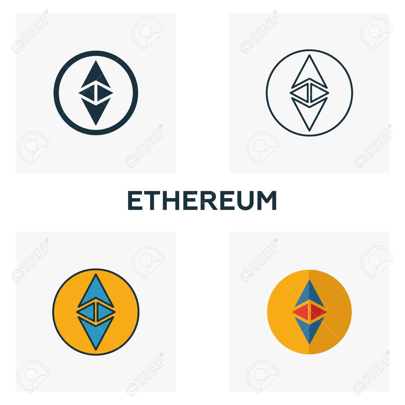 Ethereum 아이콘은 암호화 통화 아이콘 컬렉션의 다양한 스타일로 4가지 요소를 설정합니다. 창의적인 에테르 아이콘은 윤곽선 색상  및 평면 기호로 채워져 있습니다. 로열티 무료 사진, 그림, 이미지 그리고 스톡포토그래피. Image 129853469