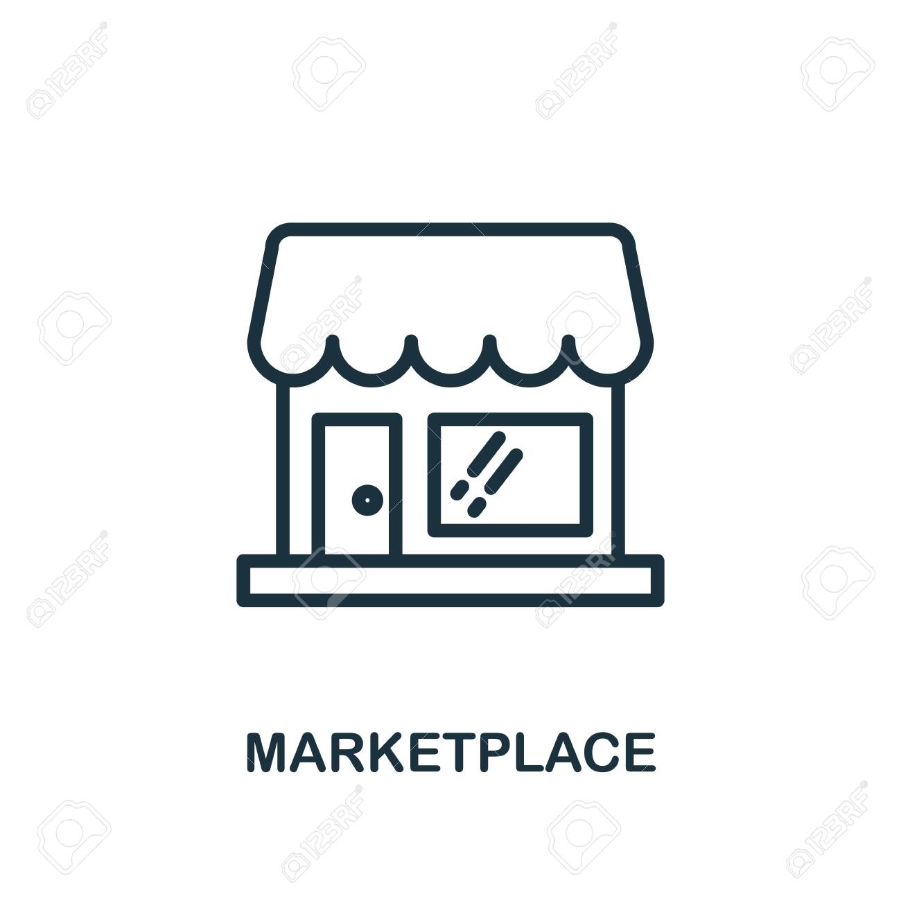마켓플레이스 아이콘입니다. 전자 상거래 아이콘 컬렉션의 선 스타일 간단한 요소입니다. 웹 디자인, 앱, 소프트웨어, 인쇄 사용을 위한  완벽한 픽셀 마켓플레이스 아이콘. 로열티 무료 사진, 그림, 이미지 그리고 스톡포토그래피. Image 145674248